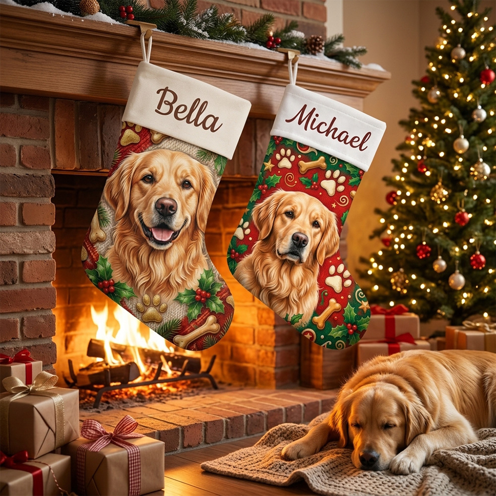 Personalized Pet Christmas Stocking Custom Pet Name Photo Golden Retriever Gift For Dog Lovers Holiday Fireplace Mantel Decoration
