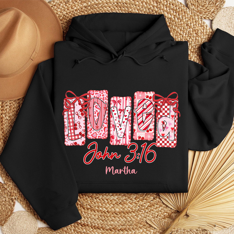 Personalized Loved John 3:16 Classic Hoodies with Name Retro Bible Verse Hoodies Religious Gift Valentines Day Gift for Girls
