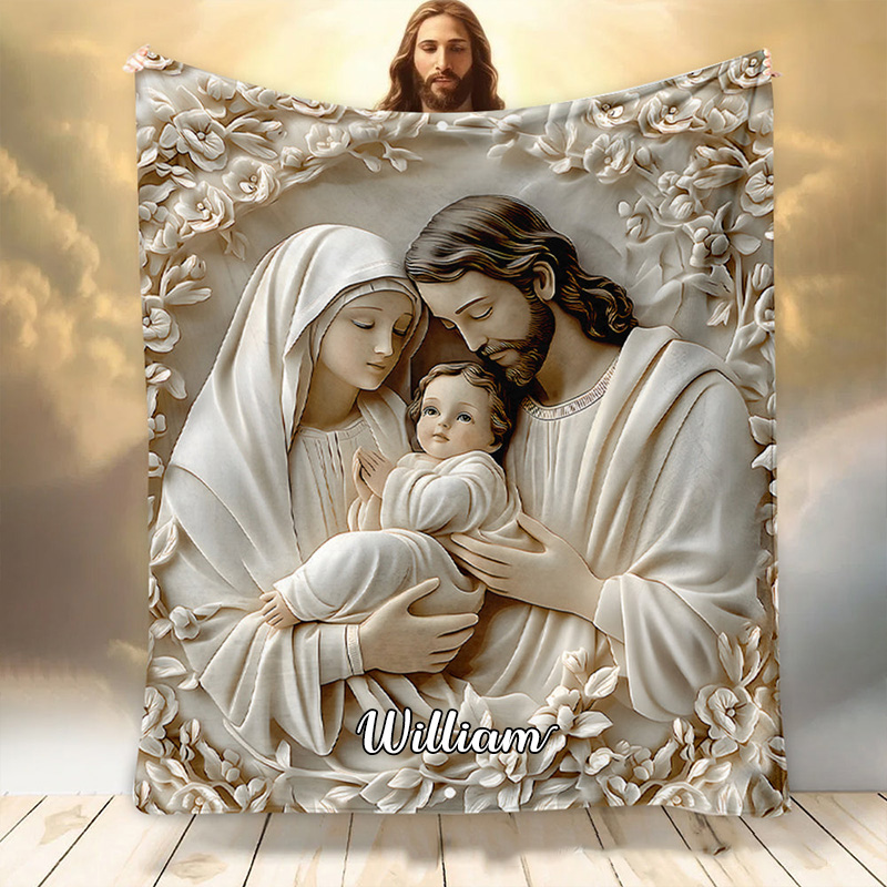 Personalized The Holy Family Soft Throw Blanket with Custom Name Graphic 3D Print Blanket Religious Christian Gift