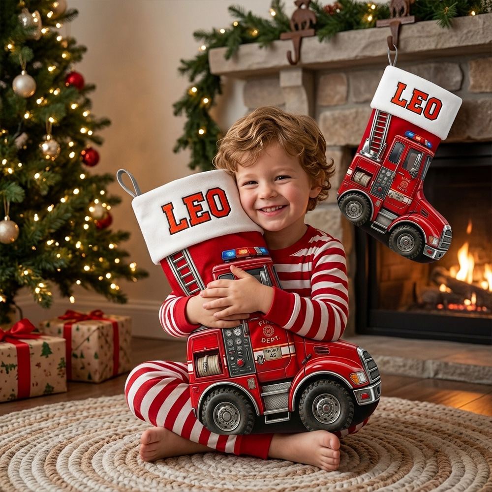 Personalized Fire Truck Christmas Stocking Custom Name Red Fire Engine Gift For Kids Toddler Boys Holiday Fireplace Mantel Decoration