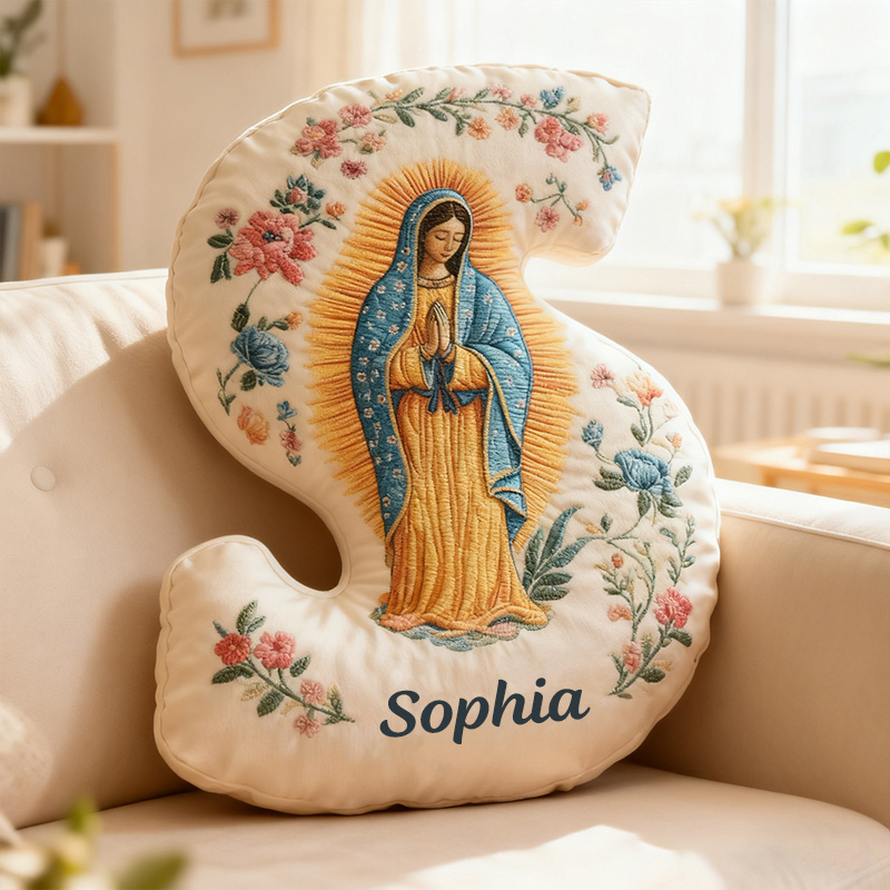 Personalized Virgen de Guadalupe Letter Pillow with Custom Name Religious Home Decor Catholic Gift for Her Blessed Mother Gift Floral Graphic 3D Print
