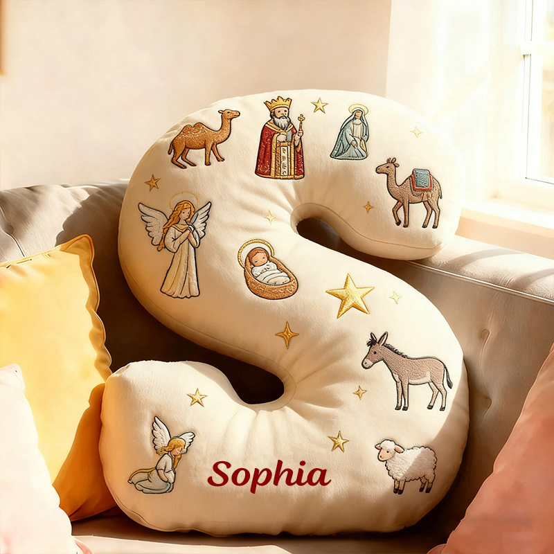 Personalized Christmas Nativity Ccene Letter Pillow with Custom Name Hoom Decor Christian Gift Baby Jesus Angel Shepherd Camel Donkey Graphic 3D Print