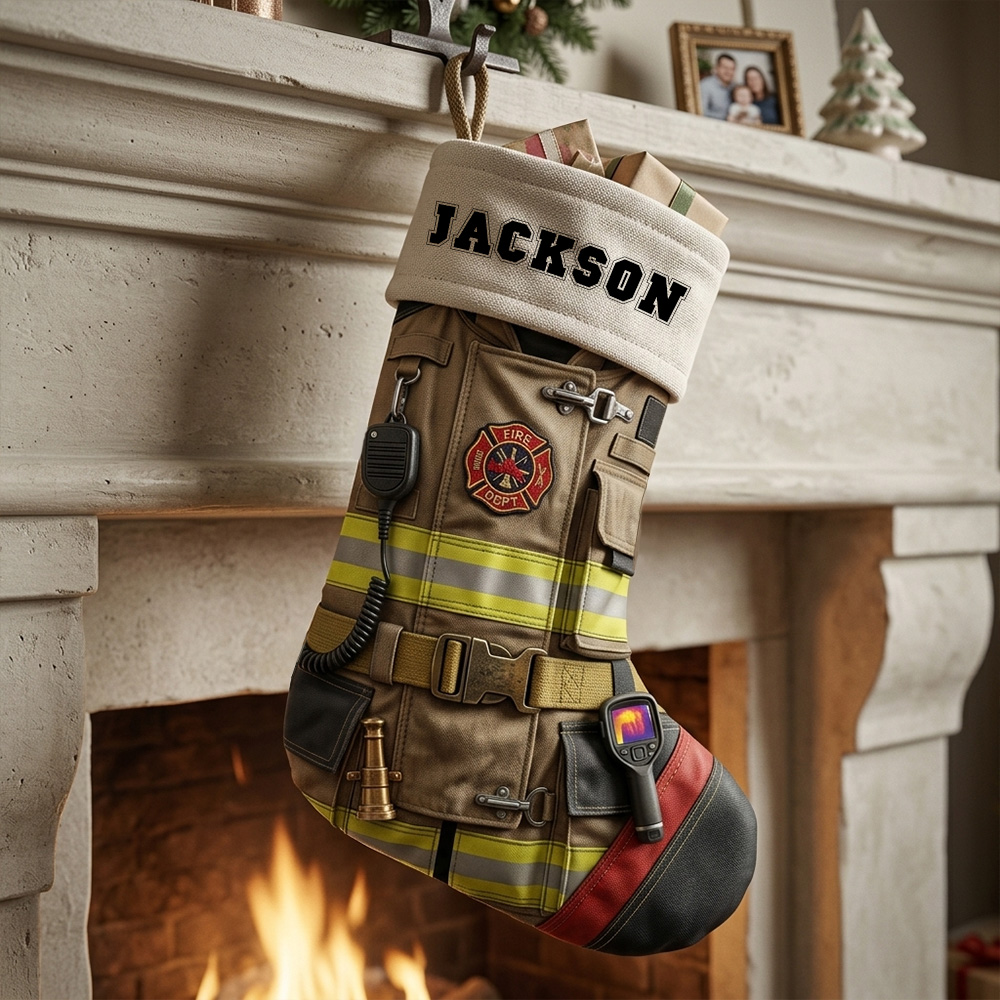 Personalized Firefighter Christmas Stocking Custom Name Fireman Turnout Gear Uniform Gift For Fire Department Hero Holiday Fireplace Mantel Decoration Gift for Dad Grandpa