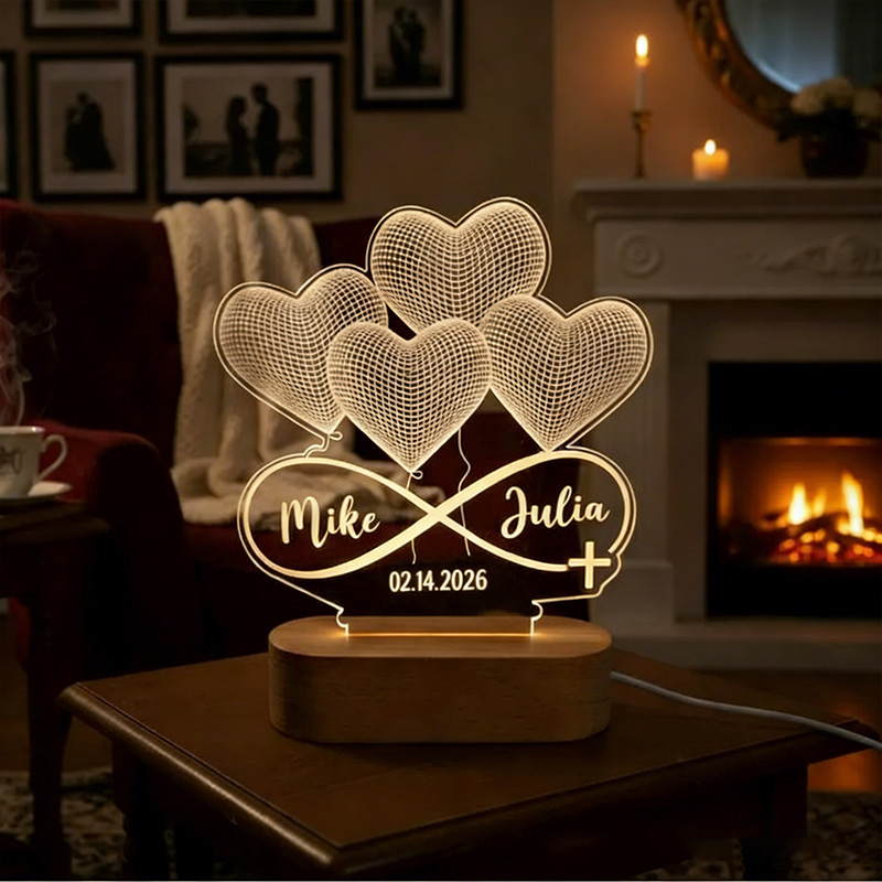 Personalized Infinity Heart Cross 3D Illusion LED Lamp with Wooden Base with Custom Names and Date Valentines Gift for Couple Anniversary Gift