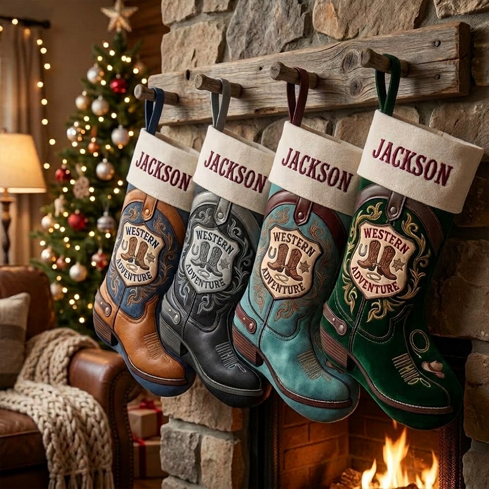 Personalized Western Boot Christmas Stocking Custom Cowboy Name Holiday Stocking Rustic Country Farmhouse Decor For Kids Adults Xmas Gift