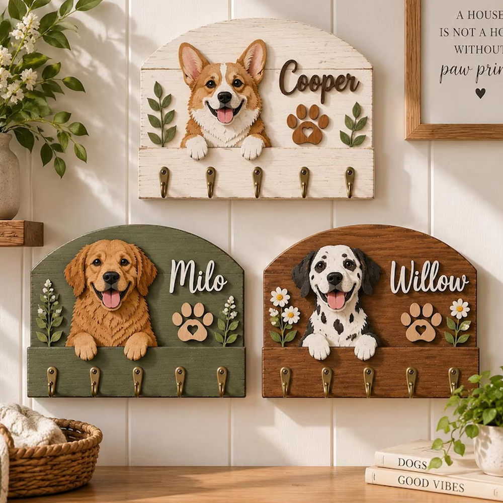 Personalized Dog Leash Holder Custom Pet Name Sign Wooden Leash Hook D