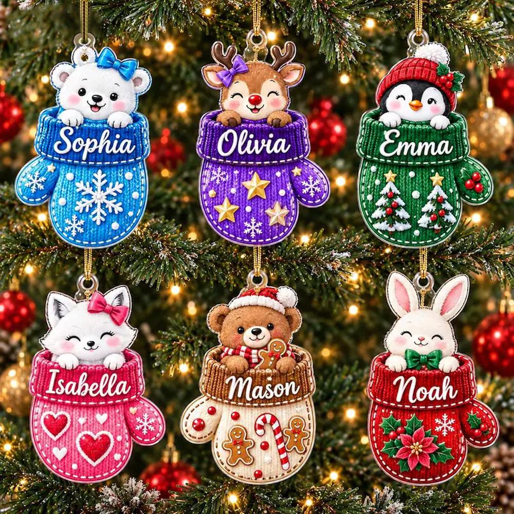 Personalized Kids Christmas Mitten Ornament Custom Name Cute Animal Be