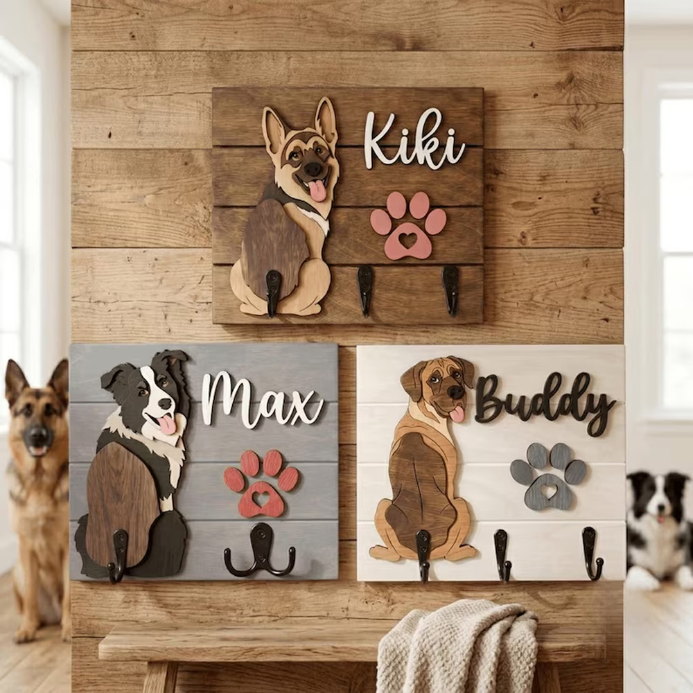 Personalized Dog Leash Holder Custom Dog Name Sign 3D Wooden Pet Leash Hook Shiplap Dog Key Rack Gift for Dog Lover Dog Mom Gift