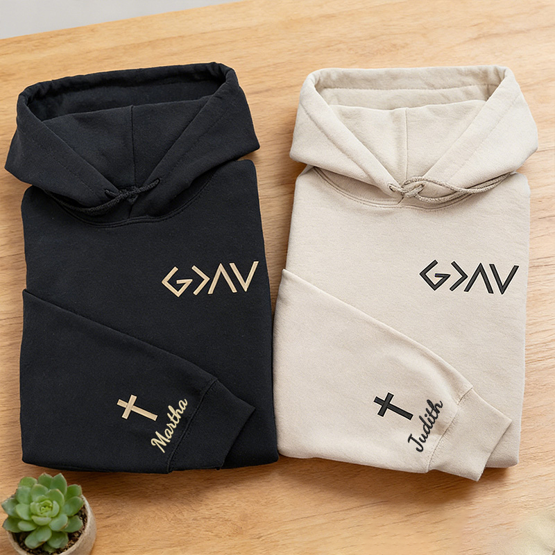 Personalized God is Greater than the Highs and Low Embroidered Hoodies with Custom Name Cross on Sleeve Couple Matching Sweatshirt Valentine Day Gift
