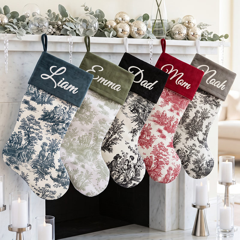 Personalized Toile Christmas Stockings Custom French Country Holiday Decor Farmhouse Stockings Elegant Monogrammed Name Stocking Family Christmas Gift