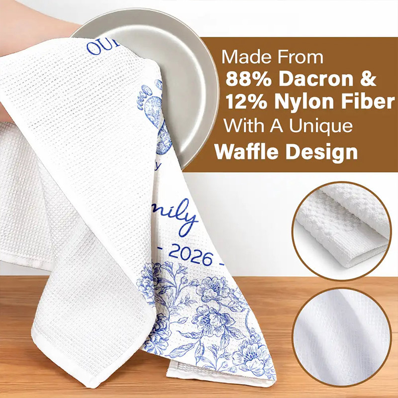 Personalized First Christmas As A Family Of Four Toile Footprints Kitchen Towel Custom Family Kitchen Towel Christmas Gift for Mom Dad Grandparents