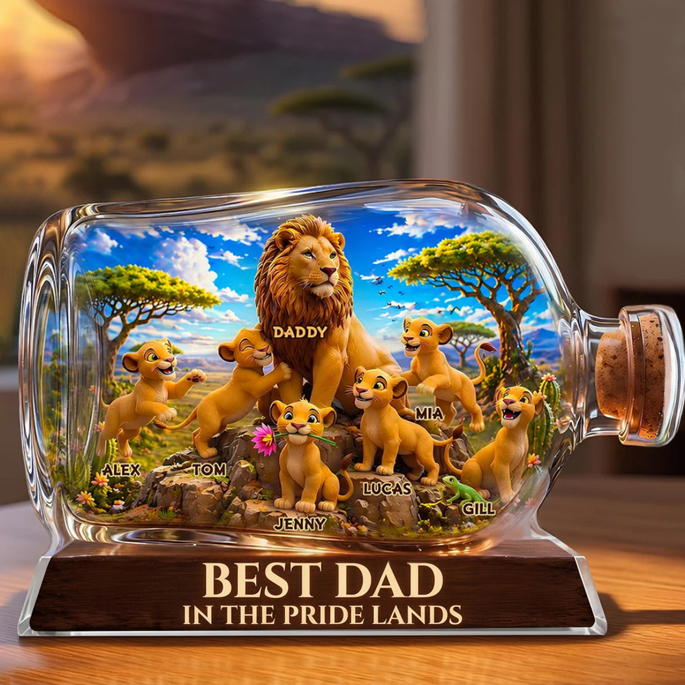 Personalized Best Dad Lion Family Bottle Gift Custom Name Safari Animal Scene For Fathers Day Birthday Christmas Desk Shelf Office Home Decoration