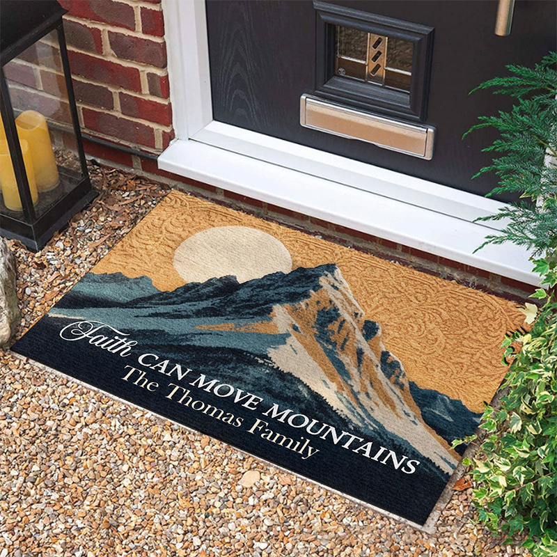 Personalized Faith can Move Mountains Doormat with Custom Family Name Non-Slip Durable Front Door Decor Religious Gift for Faithful Family