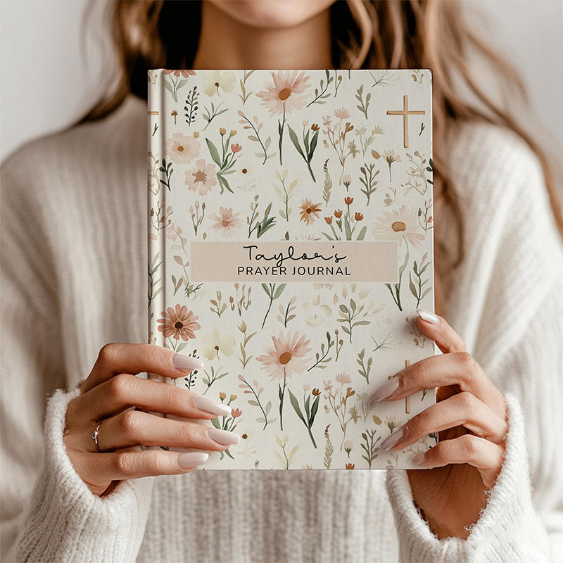 Personalized Floral Cross A5 Prayer Journal Notebook with Custom Name for Her Bible Scripture Study Journal Religious Gift for Women Gift for Catholic