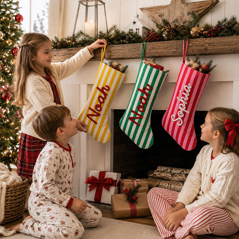 Personalized Christmas Stocking Custom Family Name Xmas Sock Striped Holiday Stocking Family Christmas Gift Boys Girls Stocking