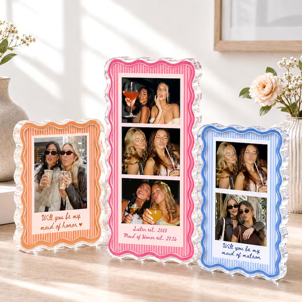 Personalized Best Friends Photo Frame Custom Name Collage Gift For Sisters Room Decor Colorful Wavy Edge Picture Frame For Birthday Christmas Memory Display