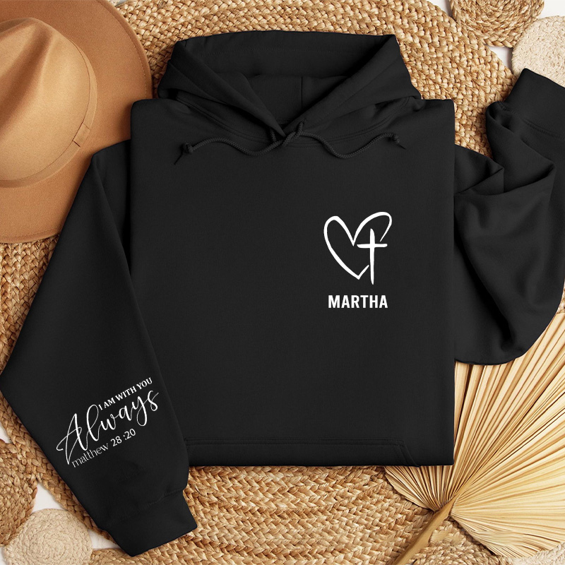 Personalized I am with You Always Heart and Cross Classic Hoodies with Custom Name Bible Verse Sleeve Print Sweatshirt Valentine Day Gift for Her