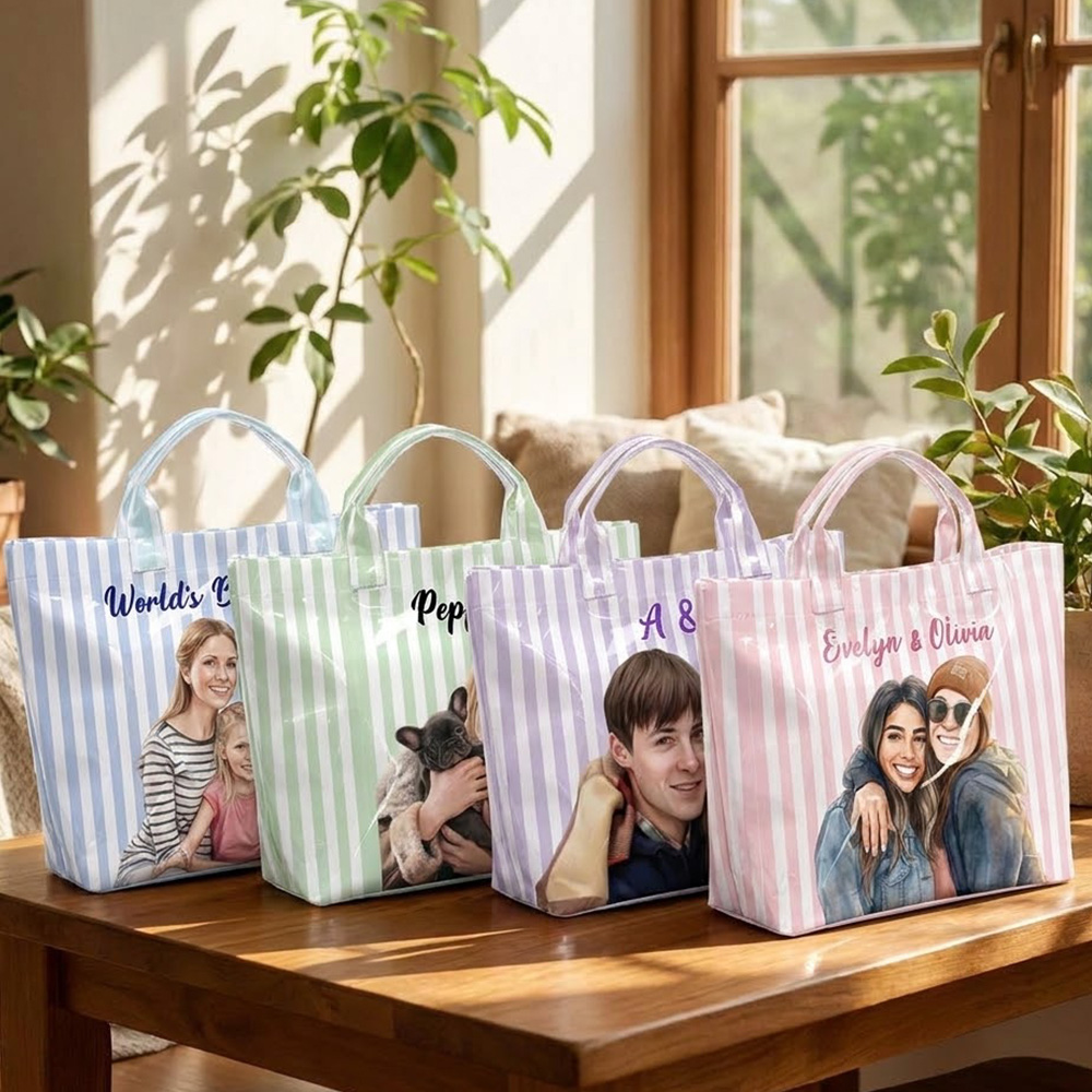 Personalized PVC Tote Bag With Custom Names Striped Vacation Gift For Women Mother Best Friends Summer Fun