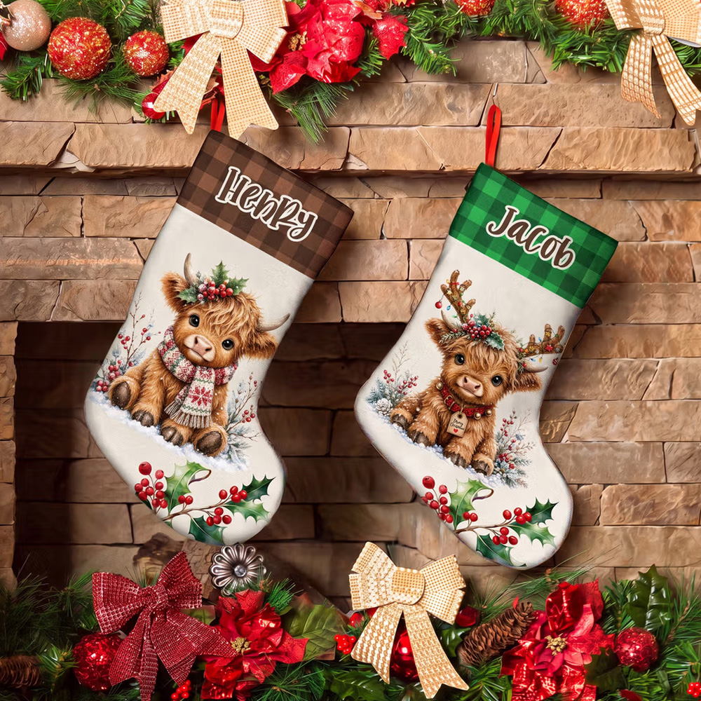 Personalized Cute Christmas Highland Cow Holly Plaid Christmas Stocking with Name Home Decor Christmas Holiday Gift for Kids Friends Family