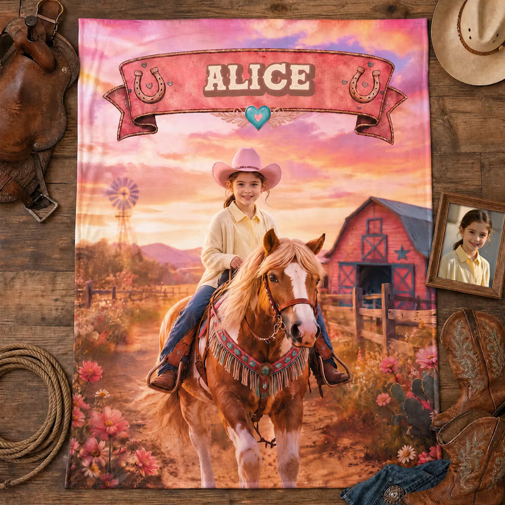 Personalized Vintage Cowgirl Horse Photo Soft Throw Blanket with Name Daily Use Birthday Christmas Gift for Girls Daughters Horse Lovers