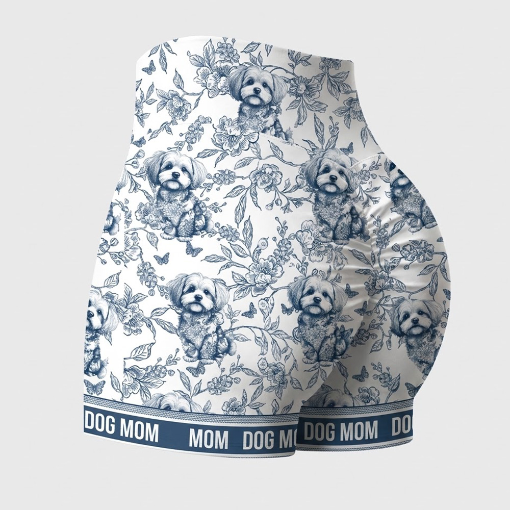 Personalized Dog Mom Floral Puppy Print High Waisted Scrunch Butt Workout Shorts Custom Pet Photo Yoga Shorts