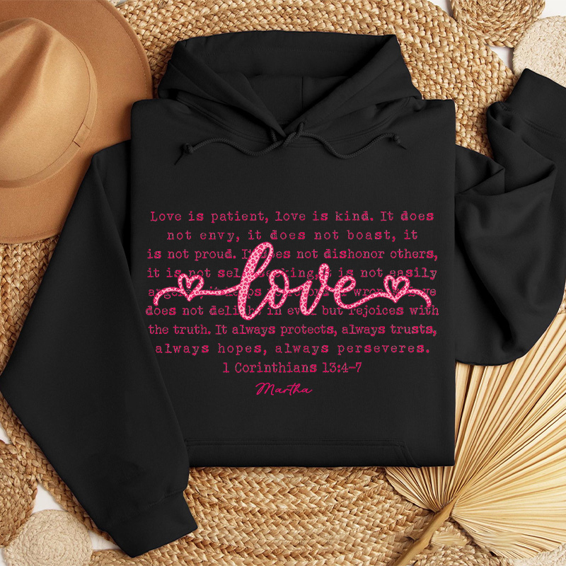 Personalized Love is Patient Love is Kind Classic Hoodies with Custom Name Retro Love Leopard Christian Valentine Sweatshirt Valentine's Day Gift