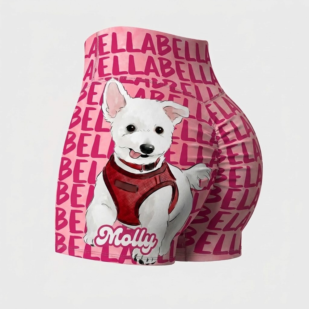 Personalized Pet Lover Name All Over Print High Waisted Scrunch Butt Workout Shorts Custom Pet Photo Yoga Shorts