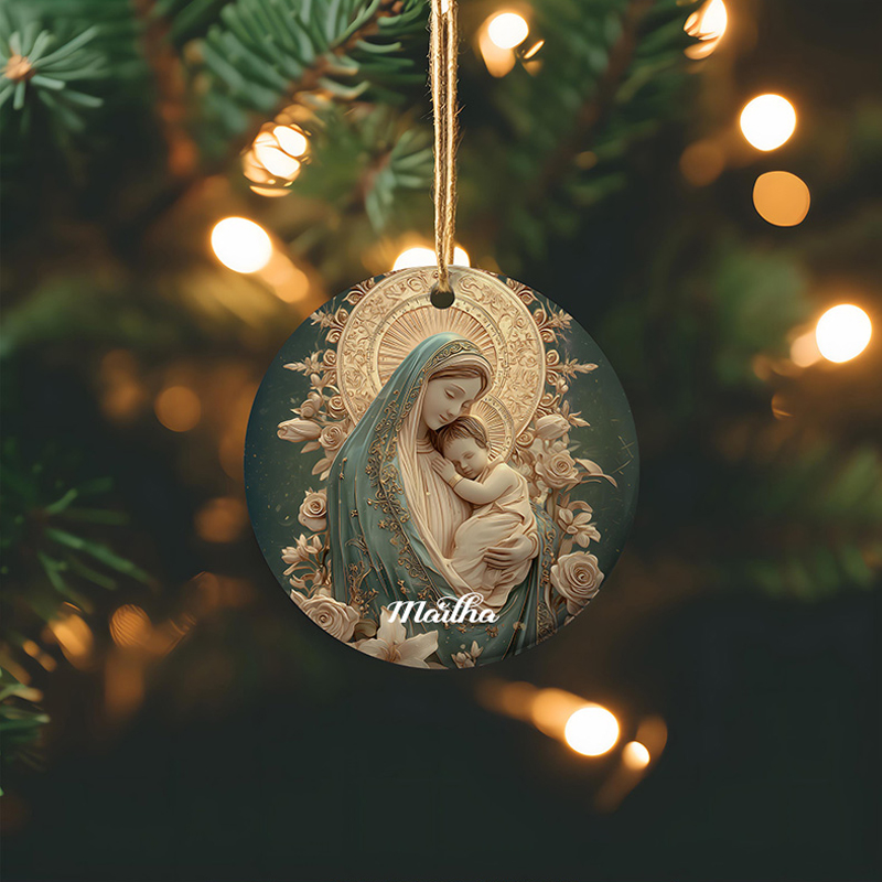 Personalized Our Lady of Joy Catholic Ceramic Christmas Ornament with Custom Name Madonna & Child Relief Style Catholic Ornament Gift Mom Gift