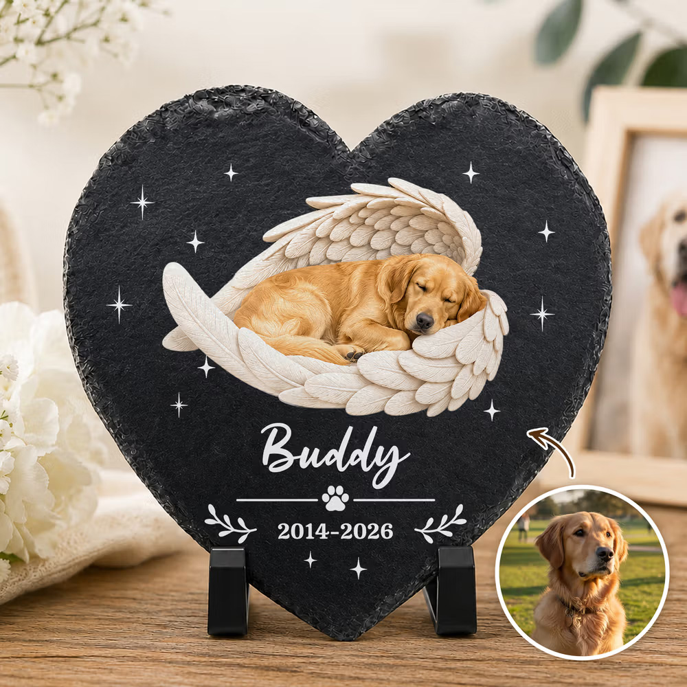 Personalized Angel Wing Pet Photo Round Heart-Shaped Garden Stone with Name and Year Garden Decor Memorial Gift for Dog Cat Owners