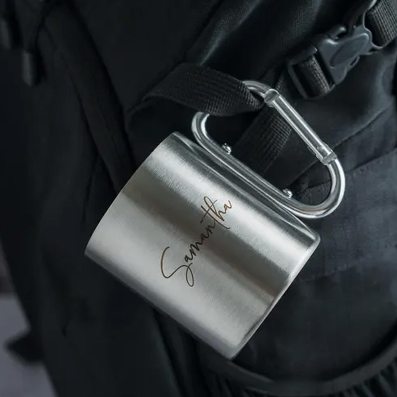 Personalized Camping Mug Engraved Stainless Steel Carabiner Mug Backpacker Mountain Climber Mug gift for hiking Outdoors 