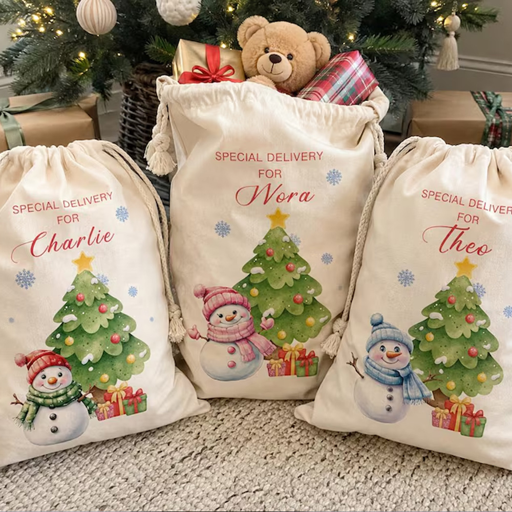 Personalized Christmas Tree Snowman Gift Sack Custom Name Large Santa Bag Reusable Holiday Present Storage Kids Christmas Bag