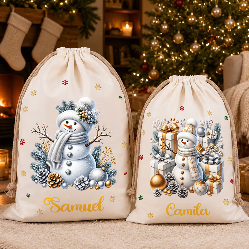 Personalized Cute Snowman Canvas Drawstring Gift Bag with Name Christmas Gift for Boys Girls