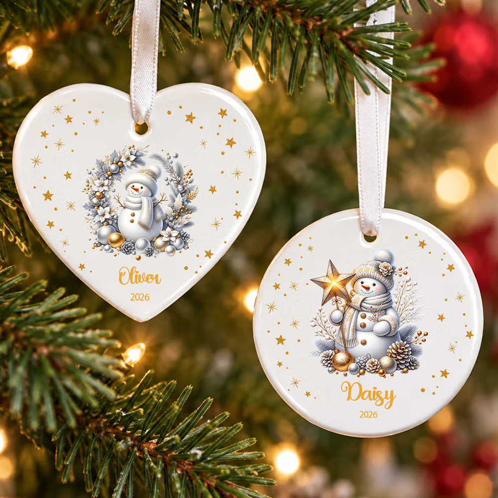 Personalized Christmas Theme Silver Snowman Star Heart Round Ceramic Ornament with Name and Year Christmas Holiday Gift for Family Friends
