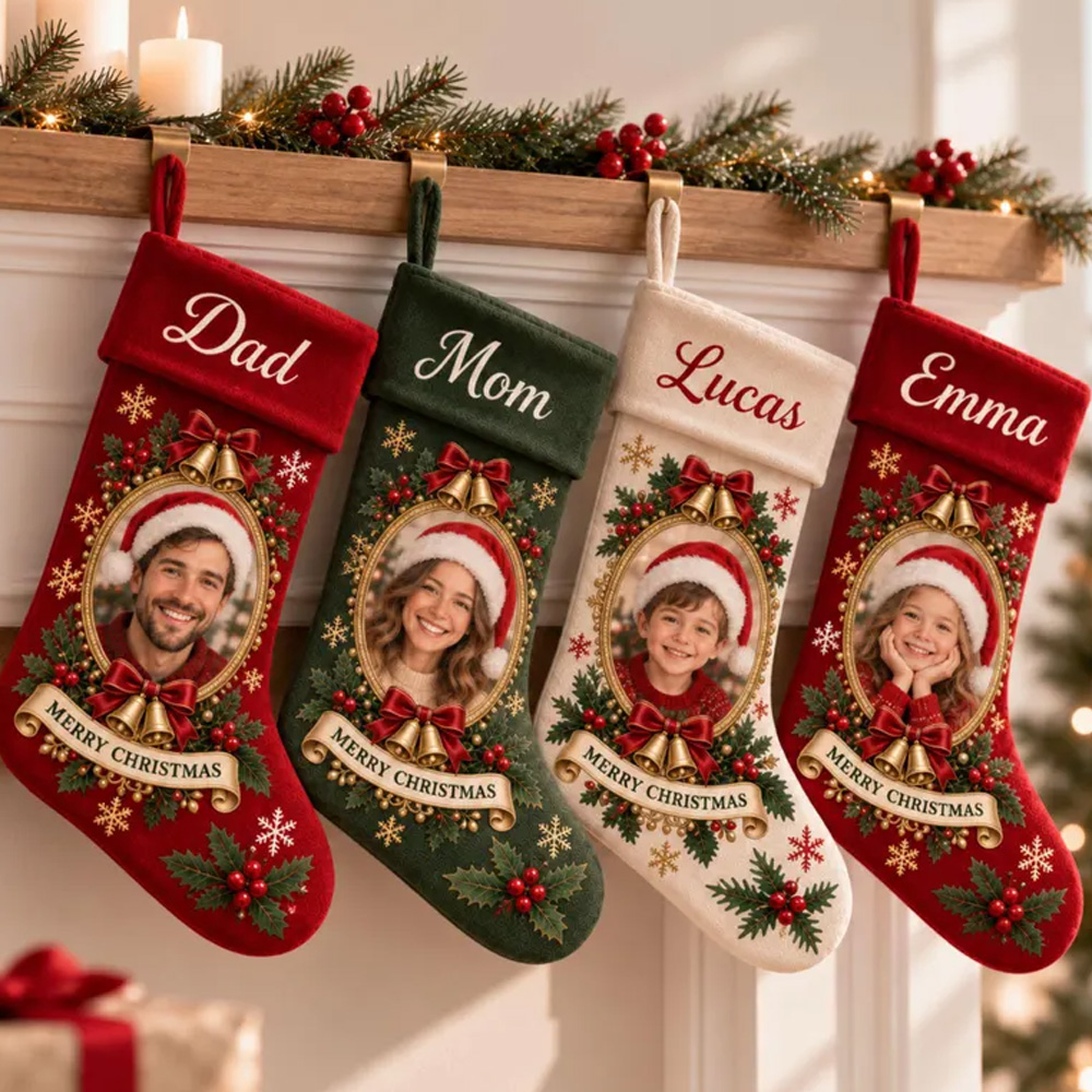 Personalized Christmas Photo Stockings Custom Family Name Holiday Fireplace Hanging Santa Sock Gift