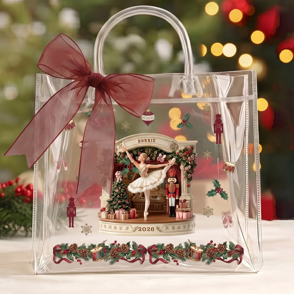 Personalized Name Year Nutcracker Ballerina Christmas Gift Bag with Burgundy Bow Ribbon PVC Clear Tote Bag, Christmas Gift for Ballet Lovers
