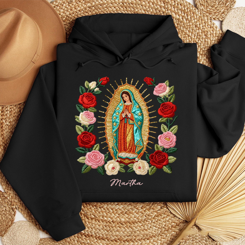 Personalized Our Lady of Guadalupe Classic Hoodies with Custom Name Graphic 3D Print Blessed Mother Mary Catholic Sweatshirt Faith Gift Religious Gift