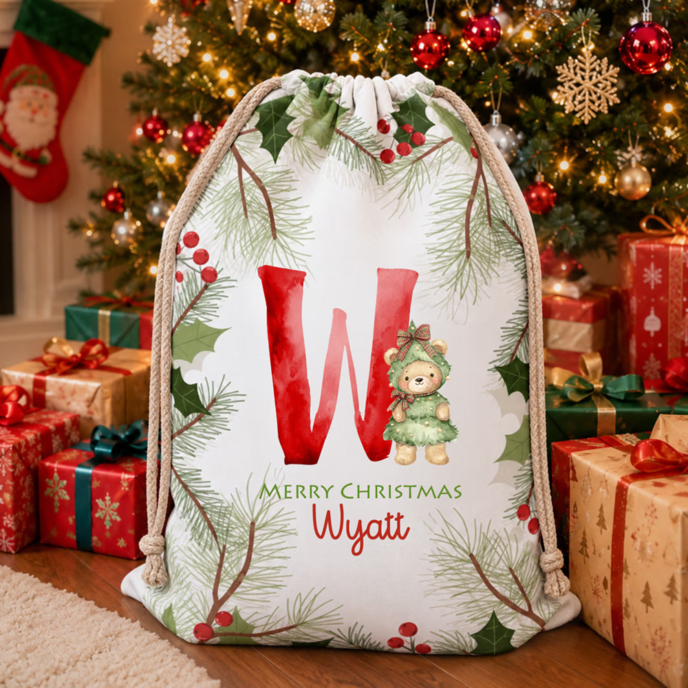 Personalized Name Initial Holly Christmas Teddy Bear Gift Bag Canvas Santa Sack with Drawstring Holiday Party Favor Christmas Gift for Kids