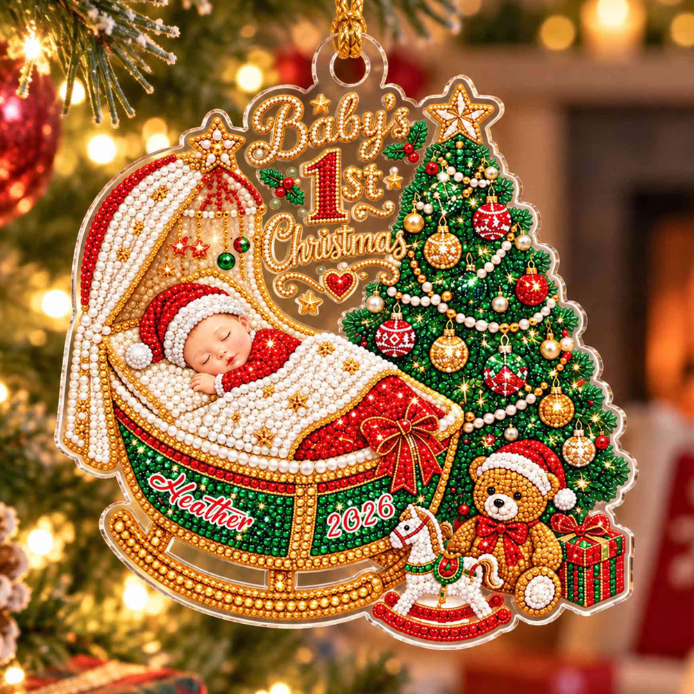 Personalized Name Year Pearl Beaded Effect Baby’s 1st Christmas Ornament Acrylic Holiday Tree Decor Newborn Baby Keepsake Gift for New Parents