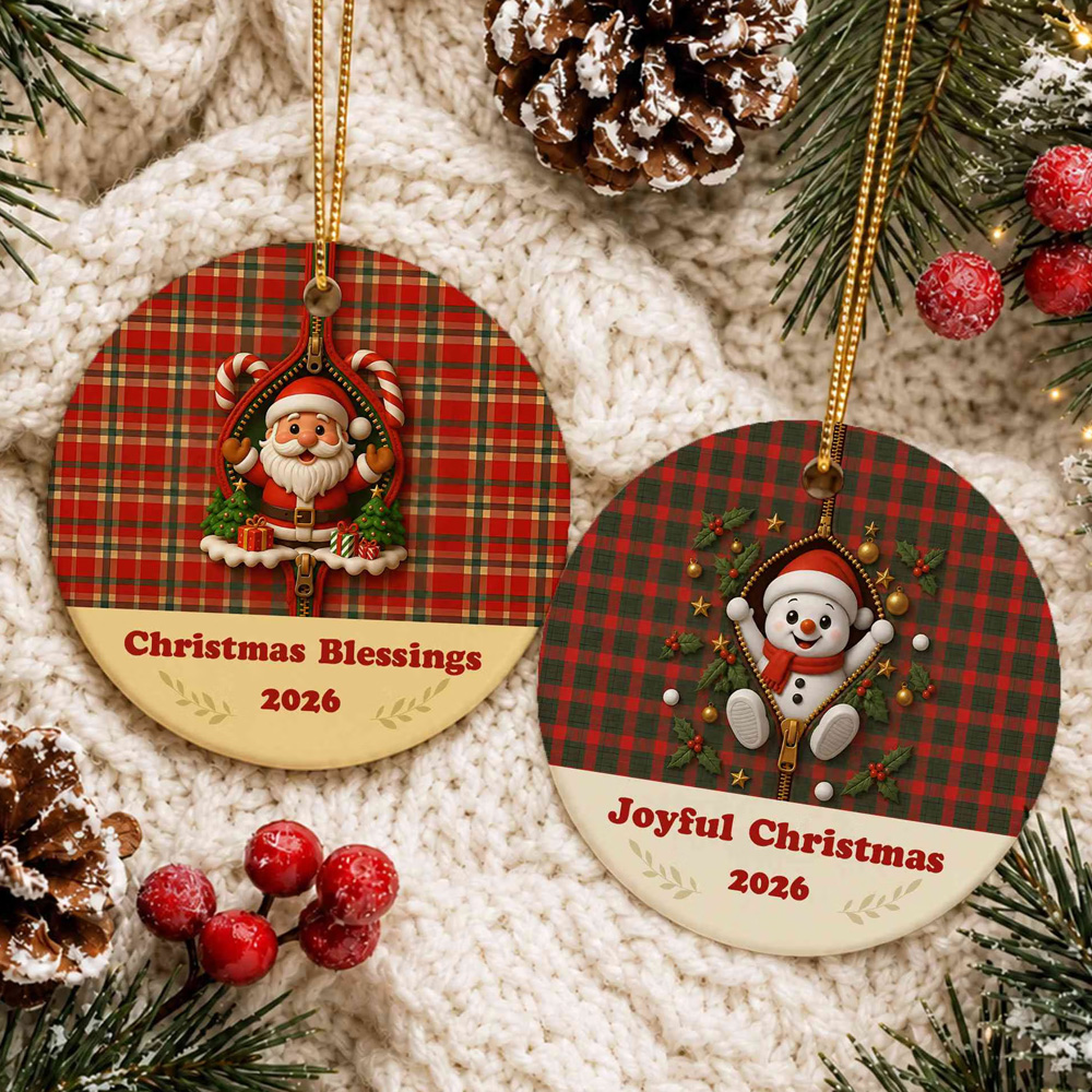 Personalized 3D Cartoon Zipper Christmas Character Plaid Ornament with Text Year Round Ceramic Holiday Tree Decor Christmas Gift for Kids Family
