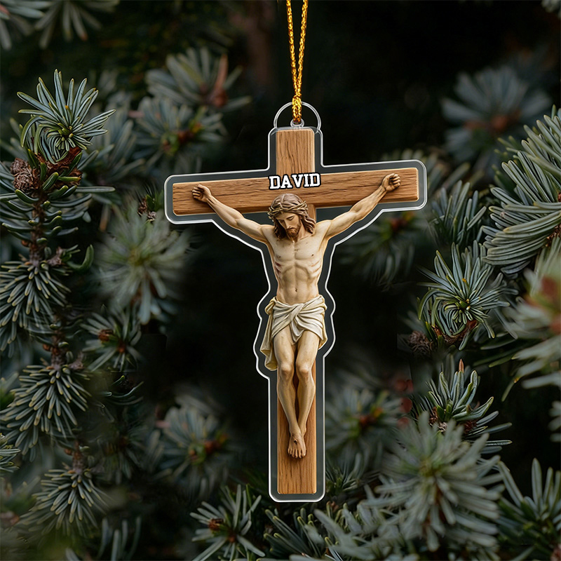 Personalized Jesus on the Cross Acrylic Ornament with Custom Name Christian Holiday Gift Decor Juses Keepsake Faith Based Gift Religious Gift