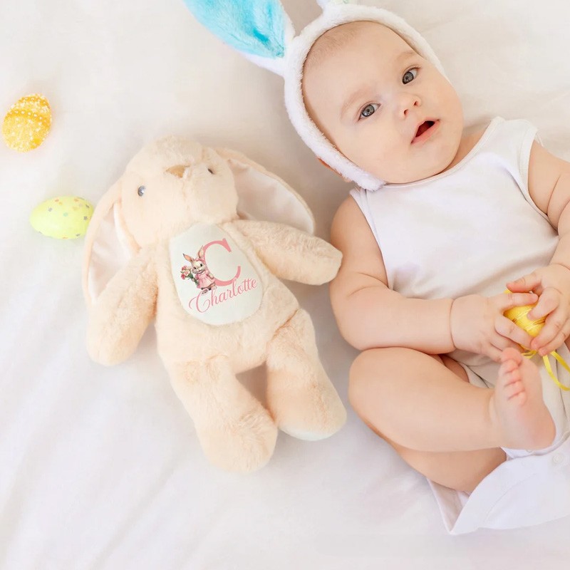 Personalized Cute Rabbit Plush Easter Bunny Stuffed Toy with Initial Name and Birth Flower Easter Gift for Newborns Kids