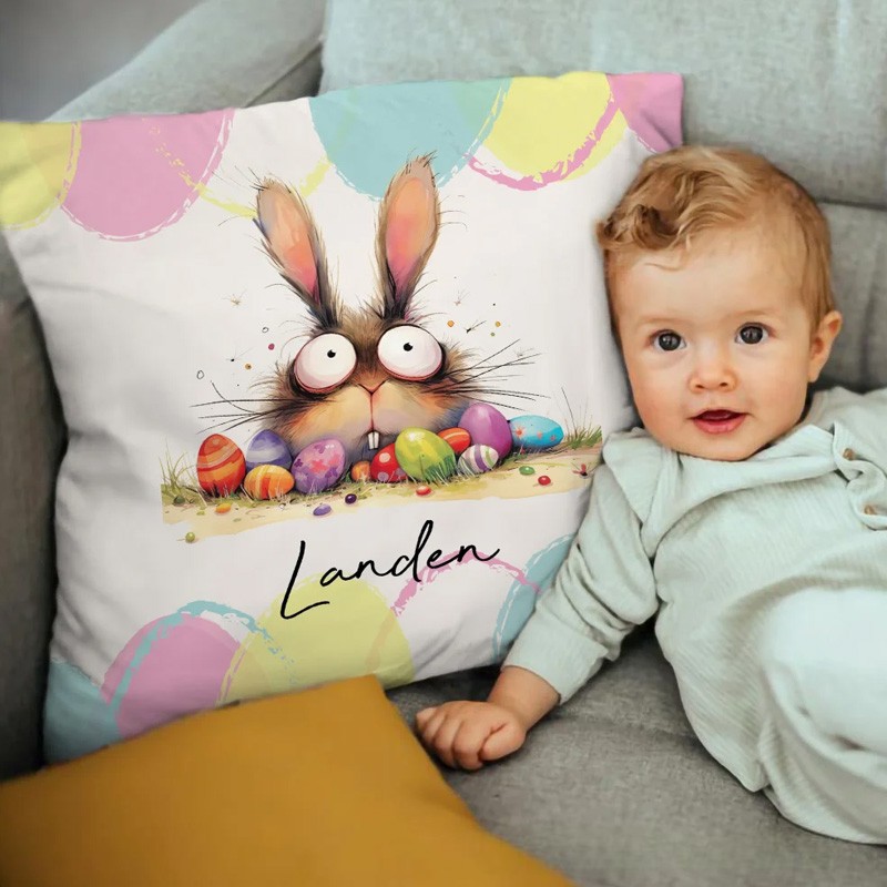 Personalized Quirky Easter Egg Bunny Soft Throw Pillow Cover with Name Easter Party Home Decor Gift for Kids