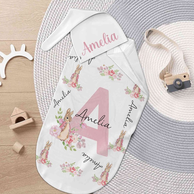 Personalized Name Peter Rabbit Bunny Alphabet Receiving Blanket with Hat Swaddle Hat Set for Baby Girl Boy Birthday Baby Shower Easter Gift for Newborns