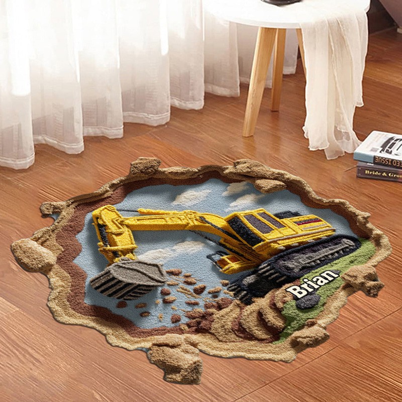 Personalized Awesome Construction Vehicle Theme Custom Name Realistic Worksite Design Carpet Rug for Kids