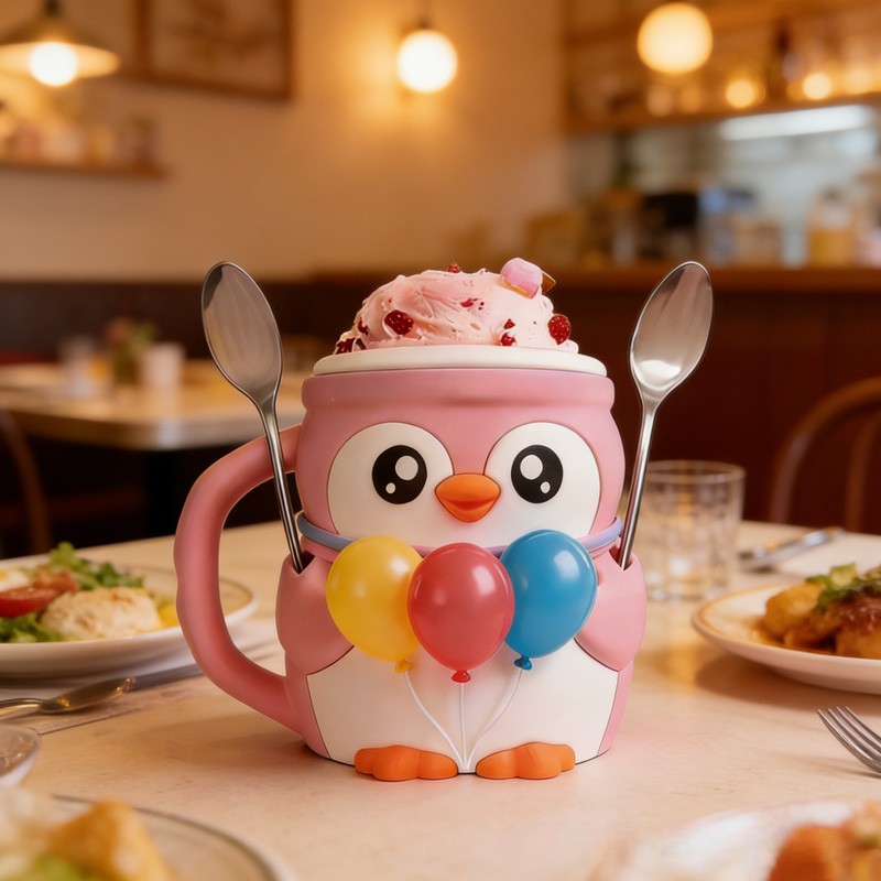 Theme Adorable Penguin with Balloons Dessert Stand 3D Printed Cozy with Spoon Slot