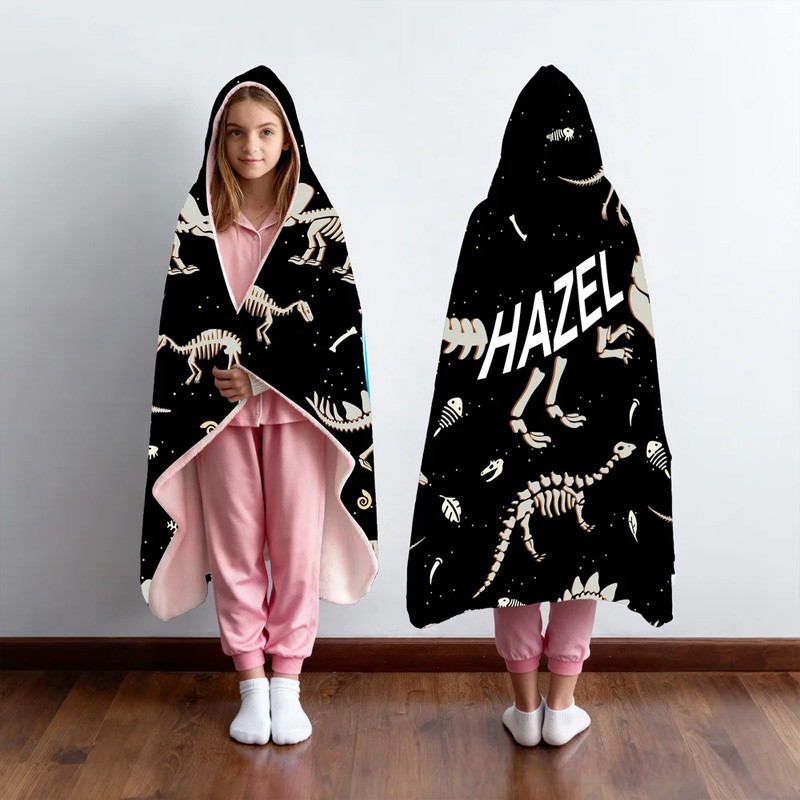 Personalized Dinosaur Fossil Soft Hooded Blanket with Name Daily Use Birthday Gift for Kids Teenagers Boys