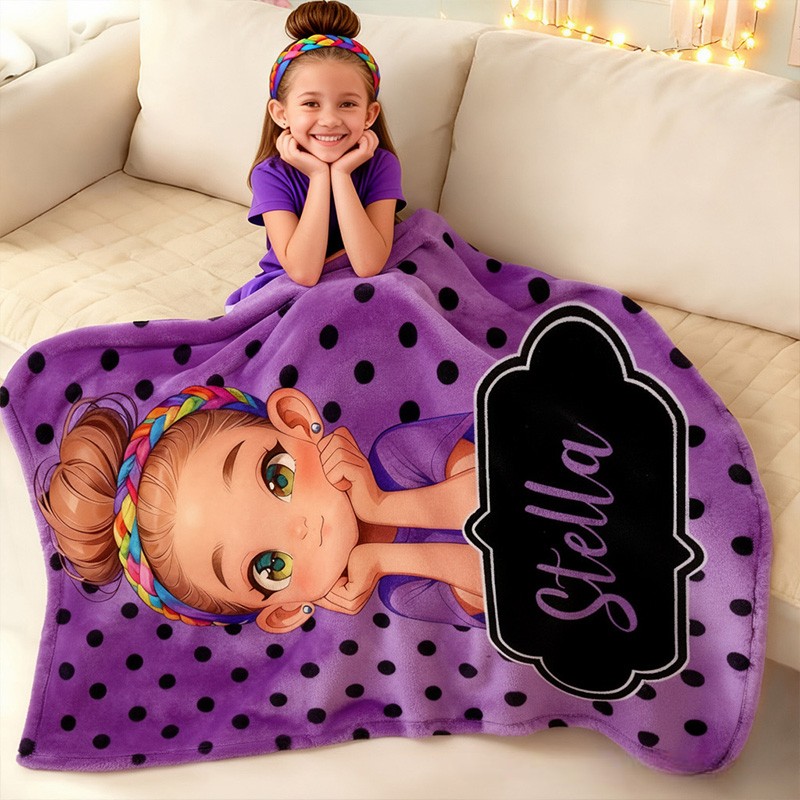 Personalized Girl Theme Custom Name Cute Pink Polka Dot Cartoon Character Style Soft Blanket