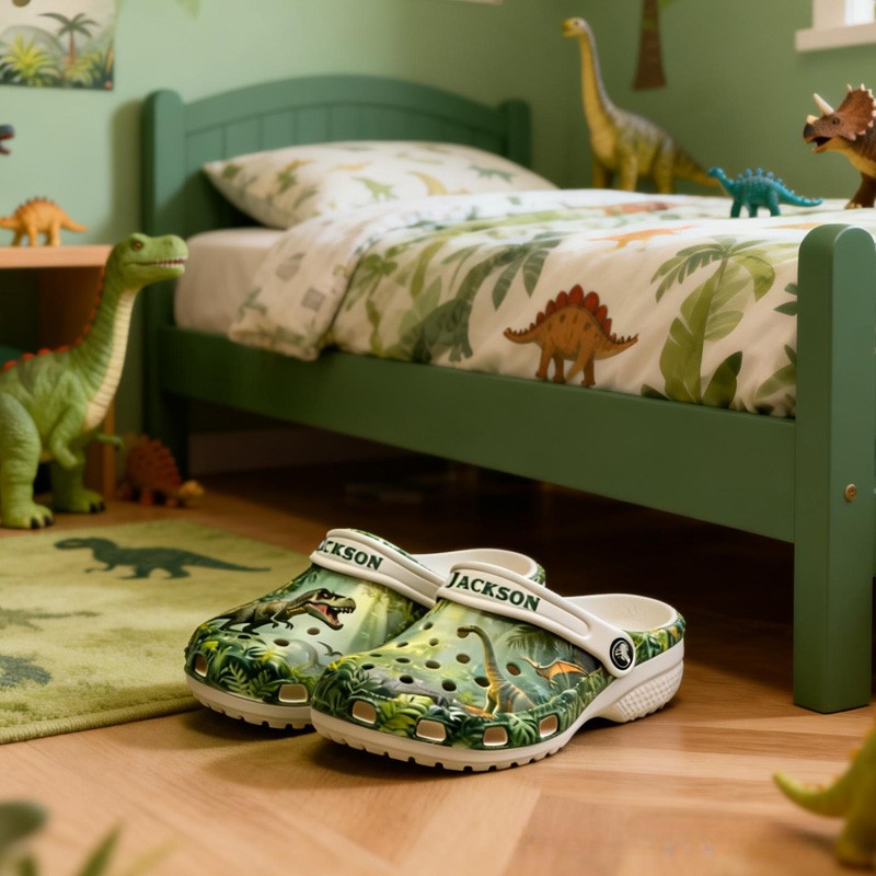 Personalized Dinosaur Theme Custom Name Green Jungle T Rex Pattern Adventure Kids Rubber Clogs