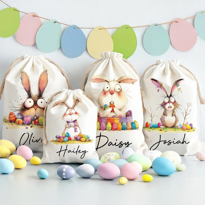 Personalized Quirky Easter Bunny Large Capacity Drawstring Canvas Treat Bag with Name Easter Egg Hunt Holiday Party Favors Gift for Kids Family