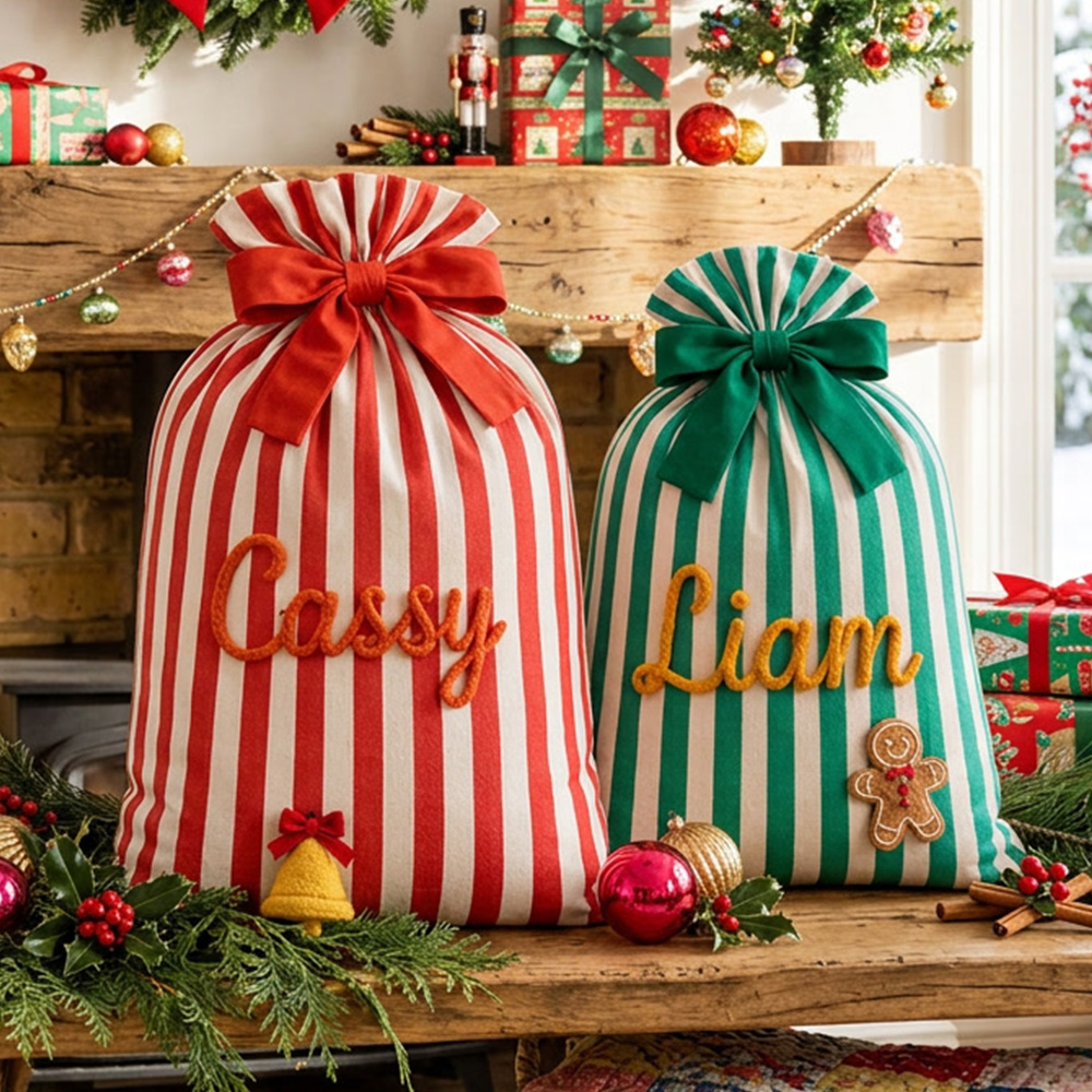 Personalized Striped Christmas Gift Sack Large Name Santa Bag With Gingerbread And Bow Holiday Present Storage For Kids